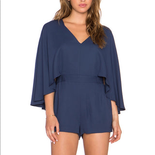 BCBGMaxazria Idina Cape Sleeve V-Neck Short Romper Navy Blue Women's Size Medium