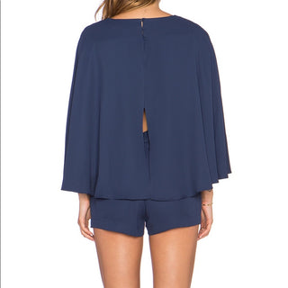 BCBGMaxazria Idina Cape Sleeve V-Neck Short Romper Navy Blue Women's Size Medium