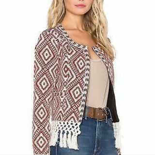 Tularosa Santa Fe Fringe-Trim Long Sleeve Open Boho Jacket Burnt Red Women's S