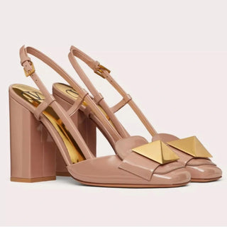 Valentino One Stud Patent Leather Block Heel Slingback Pumps Light Pink Women 39