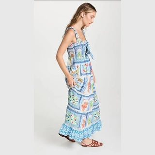 Farm Rio Tropical Tiles Sleeveless Square Neck Smocked Maxi Sundress Blue Large