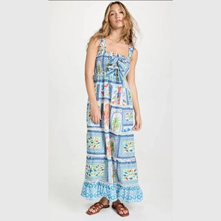 Farm Rio Tropical Tiles Sleeveless Square Neck Smocked Maxi Sundress Blue Large