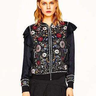 Zara Satin Floral Embroidered Ruffle Trim Zip Up Bomber Jacket Black Womens XS