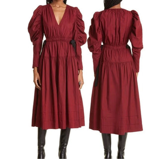 Ulla Johnson Althea Long Sleeve Tiered Ruffle Cotton Midi Dress Bordeaux Women 8