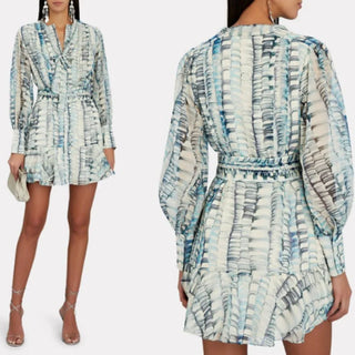 Alexis Zayd Abstract Tie Dye Long Sleeve Belted Georgette Mini Dress Blue XS
