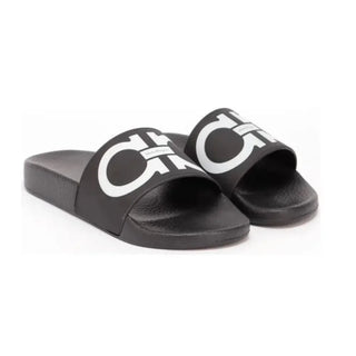 Salvatore Ferragamo Groovy / Groove (Dual Gancini) Pool Slides Black White US 11