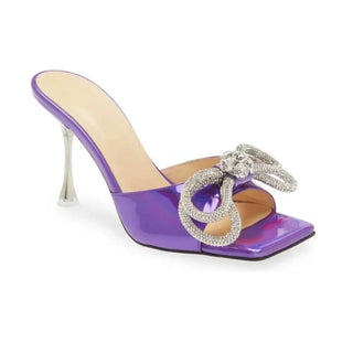 Mach & Mach Double Crystal Bow Stilettos Heel Slide Mule Purple Iridescent EU 41
