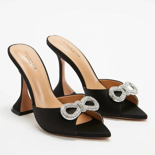 Tony Bianco Satin Rhinestone Bow Slip On Peep Toe Heeled Mules Black Women's 8.5