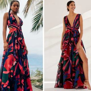 PatBO Rio Floral Cut-Out Plunging Neck Maxi Dress Black Multi Women's Size US 8
