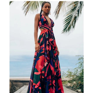 PatBO Rio Floral Cut-Out Plunging Neck Maxi Dress Black Multi Women's Size US 8