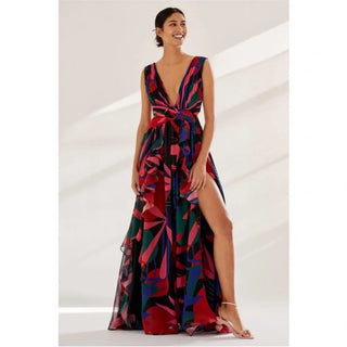 PatBO Rio Floral Cut-Out Plunging Neck Maxi Dress Black Multi Women's Size US 8