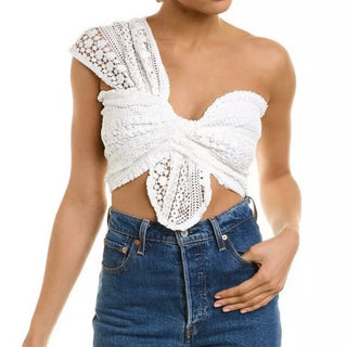 Just Bee Queen Bali Sol Lace One-Shoulder Cropped Top White Women's Size Small