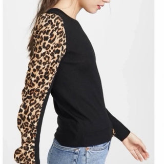 Veronica Beard Adler Leopard Sleeve Mixed Media Sweater Black Brown Women's XL