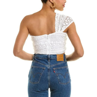 Just Bee Queen Bali Sol Lace One-Shoulder Cropped Top White Women's Size Small