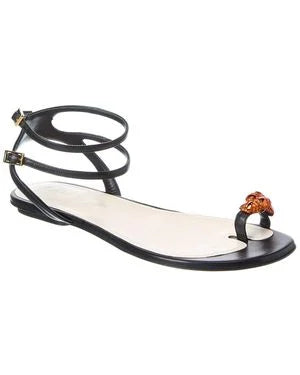 Lanvin Swing Melodie 45 Leather Ankle Strap Flat Sandal Black White Womens EU 36