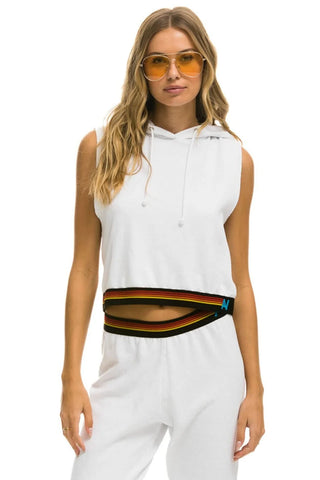 Aviator Nation Logo Striped Sleeveless Crop Pullover Hoodie White Women's Large