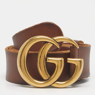 Gucci Leather Wide Double GG Marmont Waist Belt with Gold Buckle Brown 100 / 40
