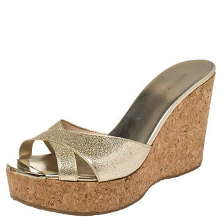 Jimmy Choo Metallic Patent Leather Prima Cork Wedge Platform Sandals Womens 7.5