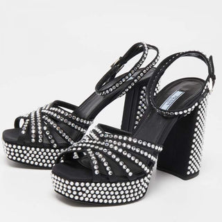 NWOT Prada Black Satin Crystal Embellished Ankle Strap Platform Sandals Black 37