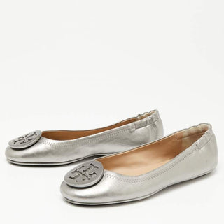 Tory Burch Metallic Leather Slip On Scrunch Ballet Flats Silver Women's Size 7