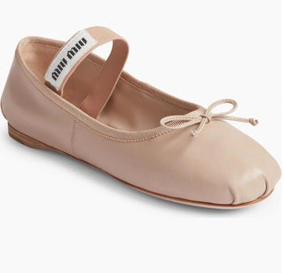 Miu Mu Lea Logo Leather Bow Slip On Ballet Flats Nude Cream Women's Size EU 37
