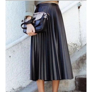 7 For All Mankind Faux Leather High Waisted Pleated Midi Skirt Black Women's L