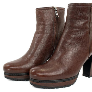Prada Leather Block Heel Pull On Platform Ankle Booties Brown Women Size EU 38.5