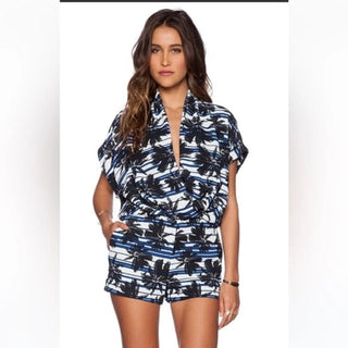 L'Agence Tropical Palm Print Short Sleeve Surplice Neck Short Romper Blue Medium