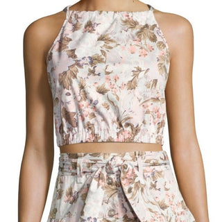 Rebecca Taylor Floral High Neck Crossback Strap Crop Tank Top Blue Women's XS