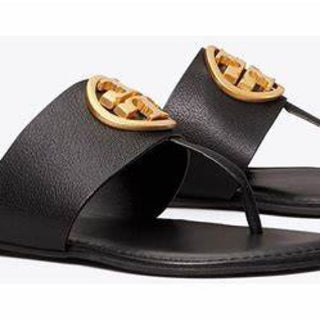 Tory Burch Benton Band Calf Leather Flat Thong Sandals Black Women's US 7.5