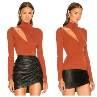 Michael Costello x Revolve Soraya Cut Out Turtleneck Ribbed Sweater Rust Brown S