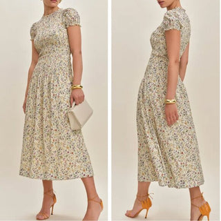 Reformation Kiria Yasmeen Puffed Sleeve A-Line Midi Dress Cream/Light Yellow 6