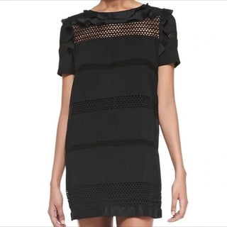 Isabel Marant Caleen Short Sleeve Lace Trim Shift Mini Dress Black 42 FR / US 10