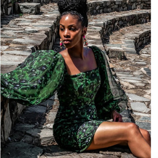 Asiyami Gold Jyoti Puff Sleeve Square Neck Ruched Mini Dress Green Black Size 10