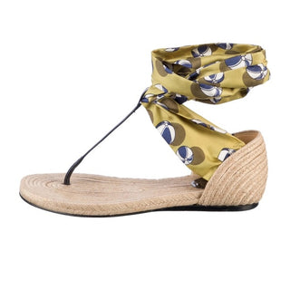 Gucci Silk Wrap Espadrille Raffia Thong Strap Flat Sandals Green Women's EU 37