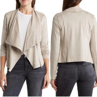 Blank NYC Faux Suede Draped Cowl Neck Asymmetric Zip Up Moto Jacket Beige Large