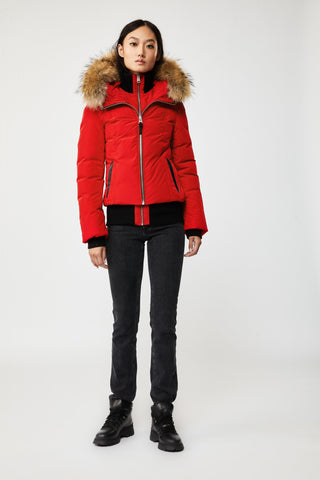 NWT Mackage Romane Long Sleeve Fur Hooded Bomber Down Jacket Red Women's XS