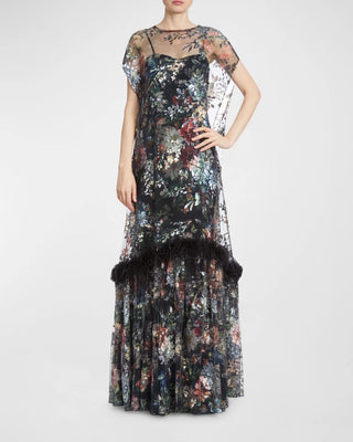 Badgley Mischka Collection Embroidered Floral-Print Feather-Trim Gown Black 2