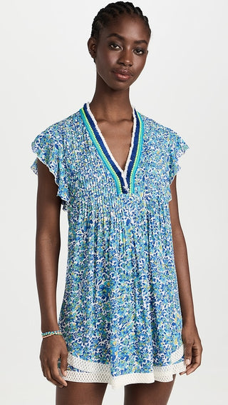 Poupette St. Barth's Sasha Ruffled Floral V-Neck Mini Dress Blue Women's Small