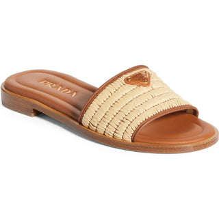 NWOT Prada Leather and Raffia Slip On Flat Slides Sandals Brown Womens Size EU 40