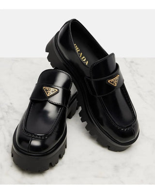 Prada Triangle Logo Brushed Leather Chunky Sole Platform Loafers Black EU 35.5