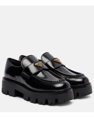 Prada Triangle Logo Brushed Leather Chunky Sole Platform Loafers Black EU 35.5
