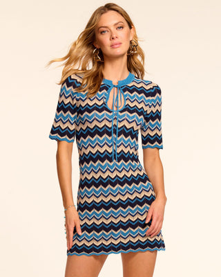 NWT Ramy Brook Lucas Chevron Short Sleeve Metallic Knit Mini Dress Blue Small