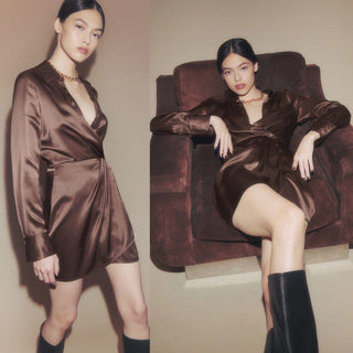 Reformation Silk Long Sleeve Mini Wrap Shirt Dress Dark Chocolate Brown Womens 4