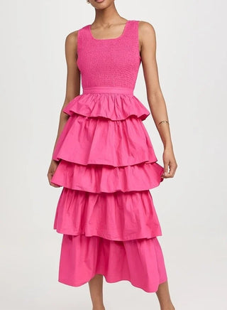 Rhode Nia Sleeveless Smocked Tiered Ruffle A-Line Midi Dress Hot Pink Womens M