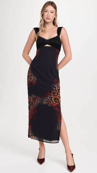 Runaway the Label Dinah Sleeveless Cutout Midi Dress Black Leopard Womens Medium