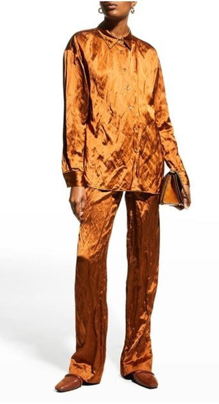 Lafayette 148 Naomi Satin Shirt & Dalton Wide Leg Pants Brown Top XXL/Bottom 18