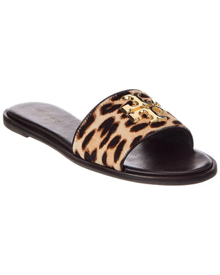 Tory Burch Everly Leopard-Print Calf Hair Slide Sandal Beige Black Womens US 6