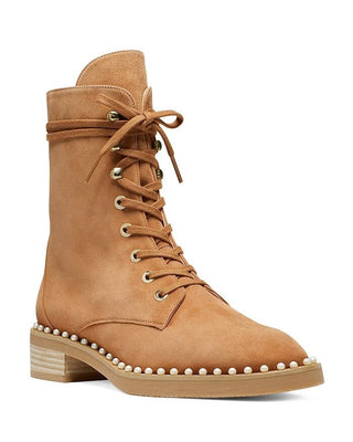 Stuart Weitzman Sondra Suede Faux Pearl Lace-Up Combat Boots Tan Womens Size 8.5