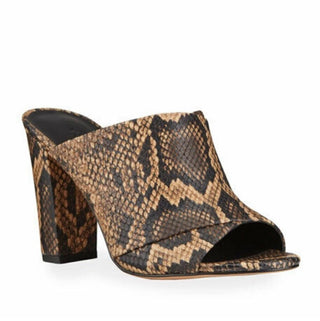 Vince Heath Leather Snakeprint Cross Strap Block Heel Mules Brown Women's EU 40